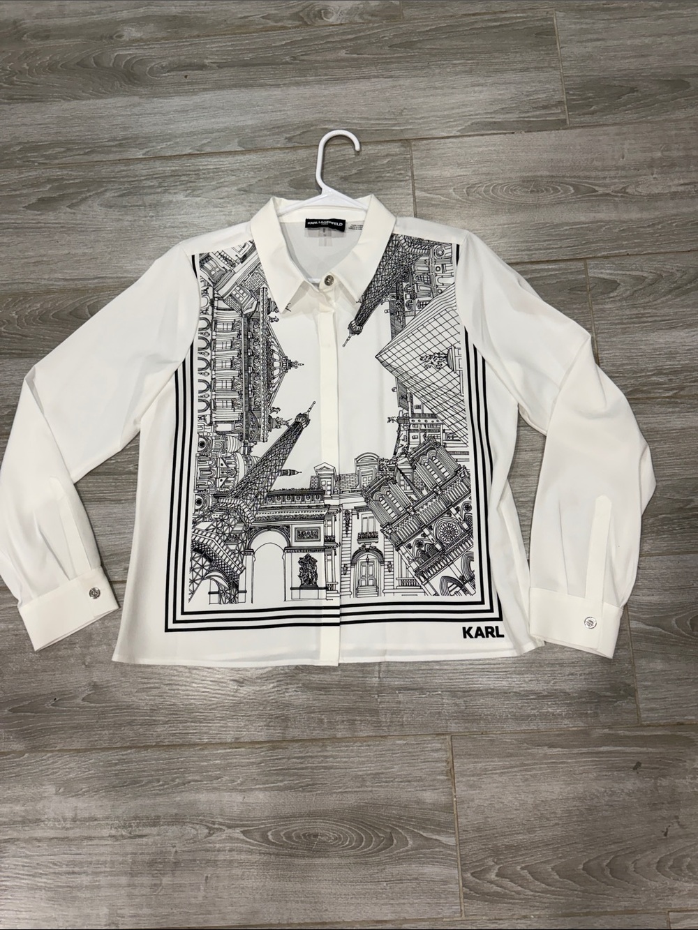 Karl Lagerfeld White Button-Up Shirt Jacket with Black Architectural Print M